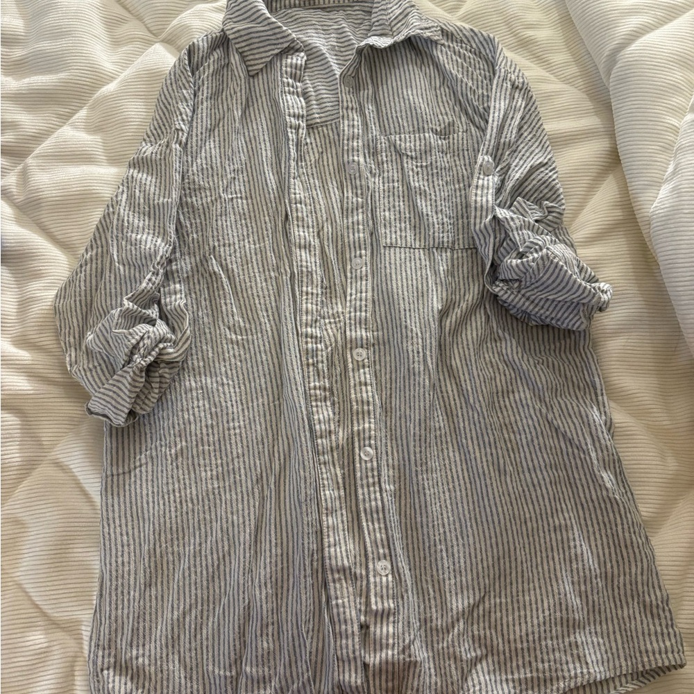 Striped Button-Down Shirt - Gray and White
